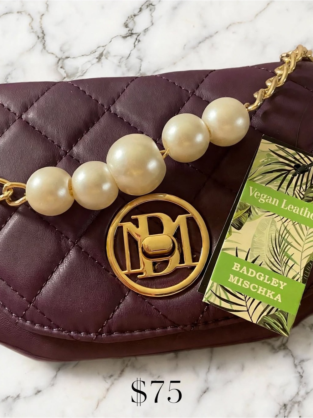 Badgley Mischka Quilted Shoulder Bag in Plum with Pearl-Accent Chain